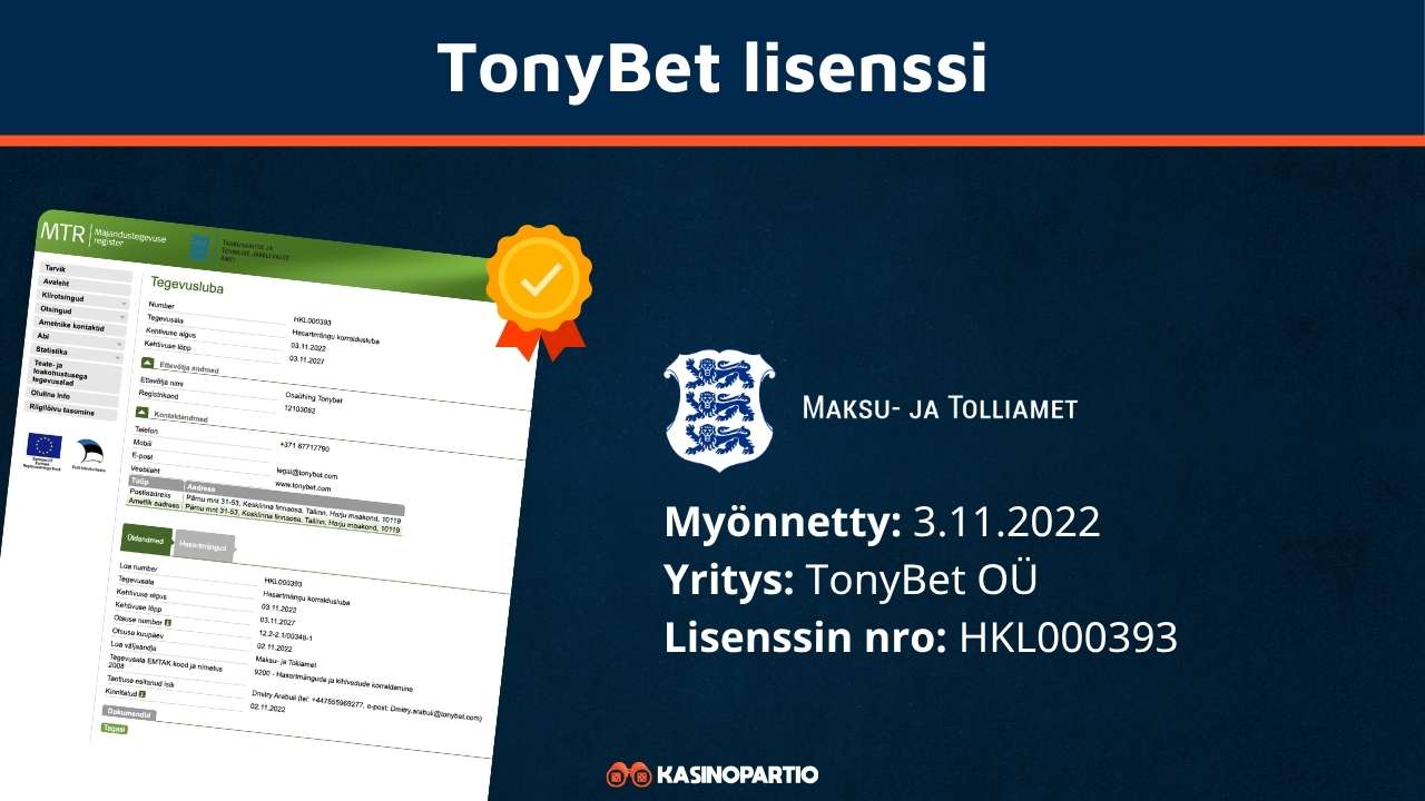 TonyBet casino lisenssi