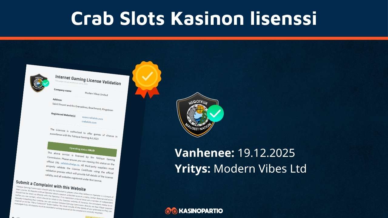 CrabSlots Casino lisenssi