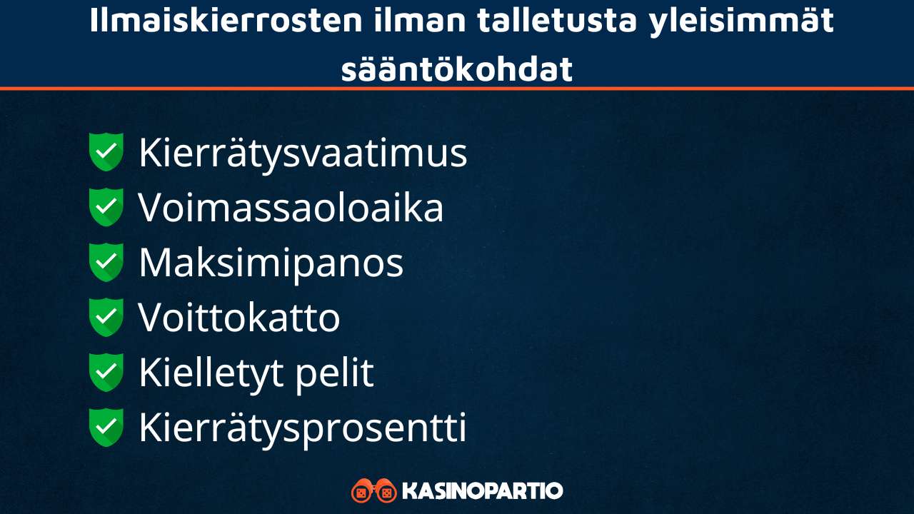 Ilmaiskierrosten ilman talletusta yleisimmät säännöt ja ehdot