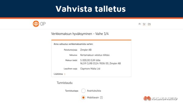 Vahvista Pay N Play talletus pankkitunnuksillasi
