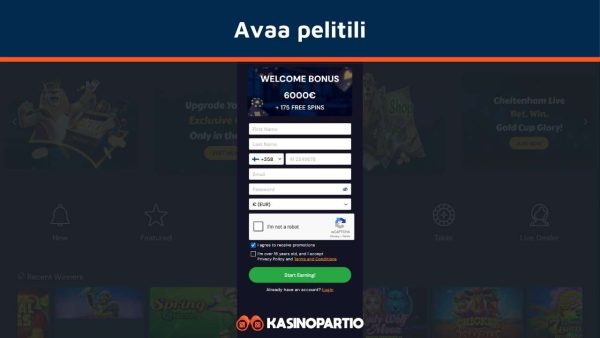 Avaa pelitili 500% bonuksen kasinolle