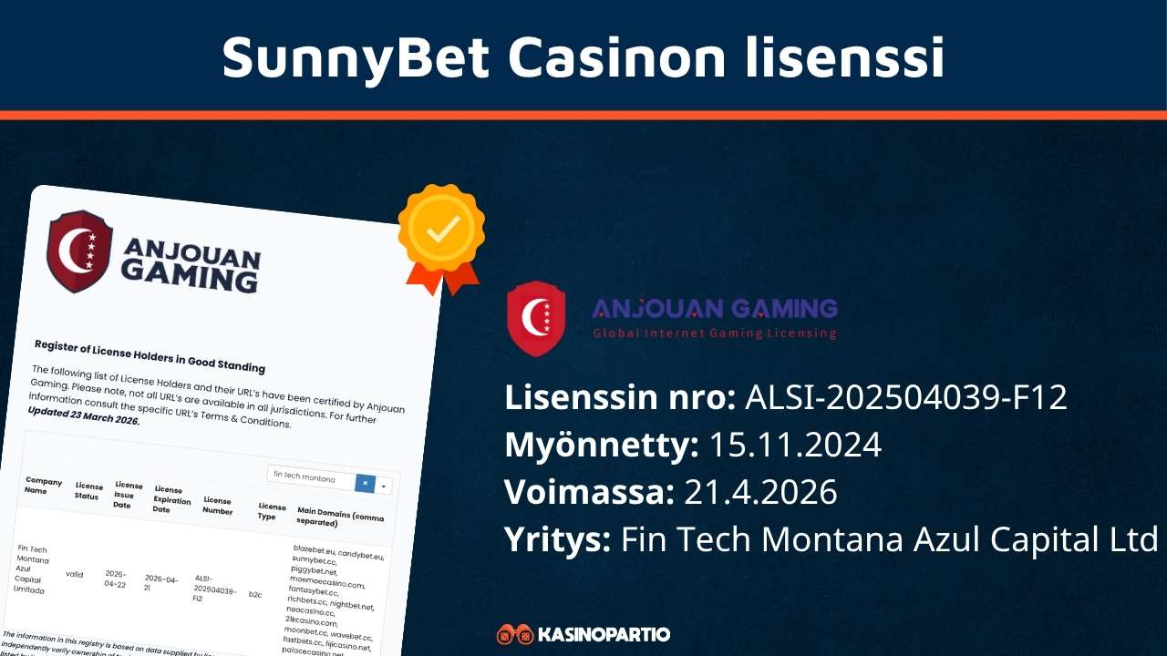 SunnyBet Casinon lisenssi